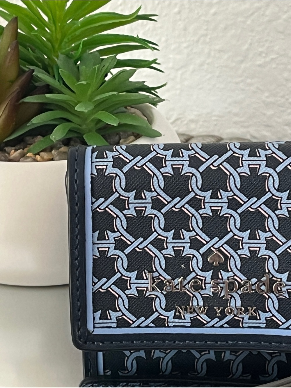kate spade Black and Light Blue Interlocking Pattern Wallet with Gold Logo